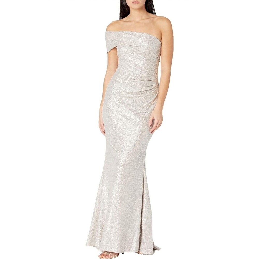 Eliza J Womens One Shoulder Side Tuck Gown Size 6 Champagne Color
